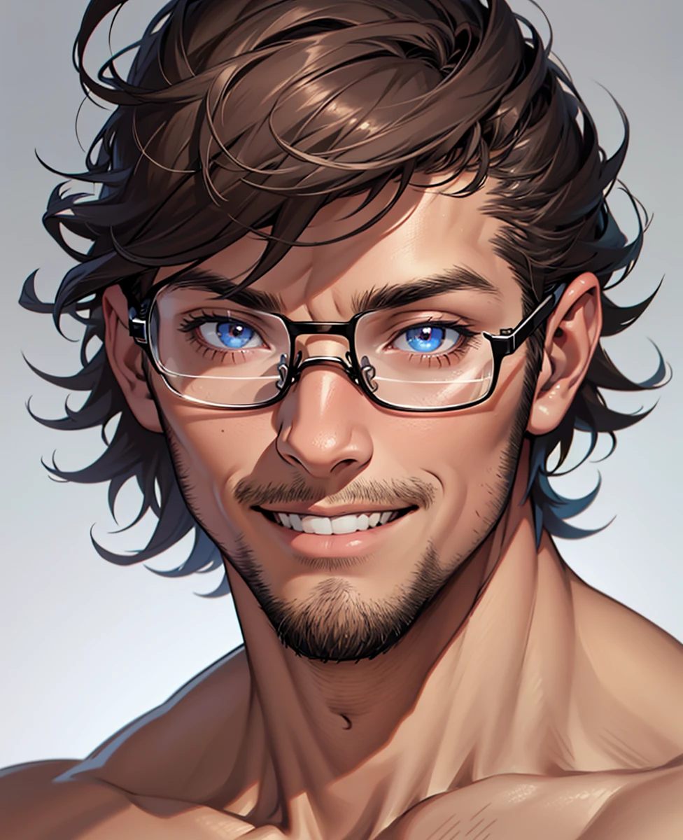 (absurdres, highres, ultra detailed), 1 male, mature, manly, tall muscular, handsome, detailed eyes, portrait, solo, close up, detailed background, (none background :1.1) short messy hair, eyes close, smile , diastema , glasses
