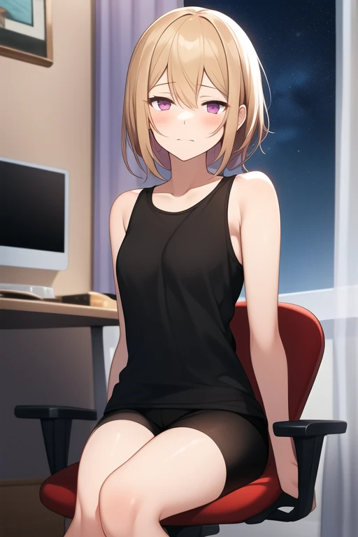 ((melhor qualidade)), ((Obra de arte)), (detalhado), 1girl, standing in her house, bedroom, dark room, black tank top, rose/white shorts, barefoot, looking at viewer, red marks under her eyes, gray eyes, short blonde hair, pale skin, lazy expression, lazy smile, half-lidded eyes, sitting on gamer chair, hands on knees, tired expression, sleepy, skinny girl, small breasts, night outside, no lights,
