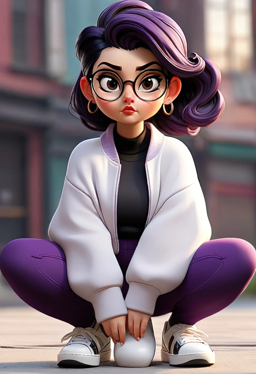 white girl a little chubby, culona, wide legs, waist a little big, with dark purple leggings, a black and white jacket, short black hair with bun and oval glasses