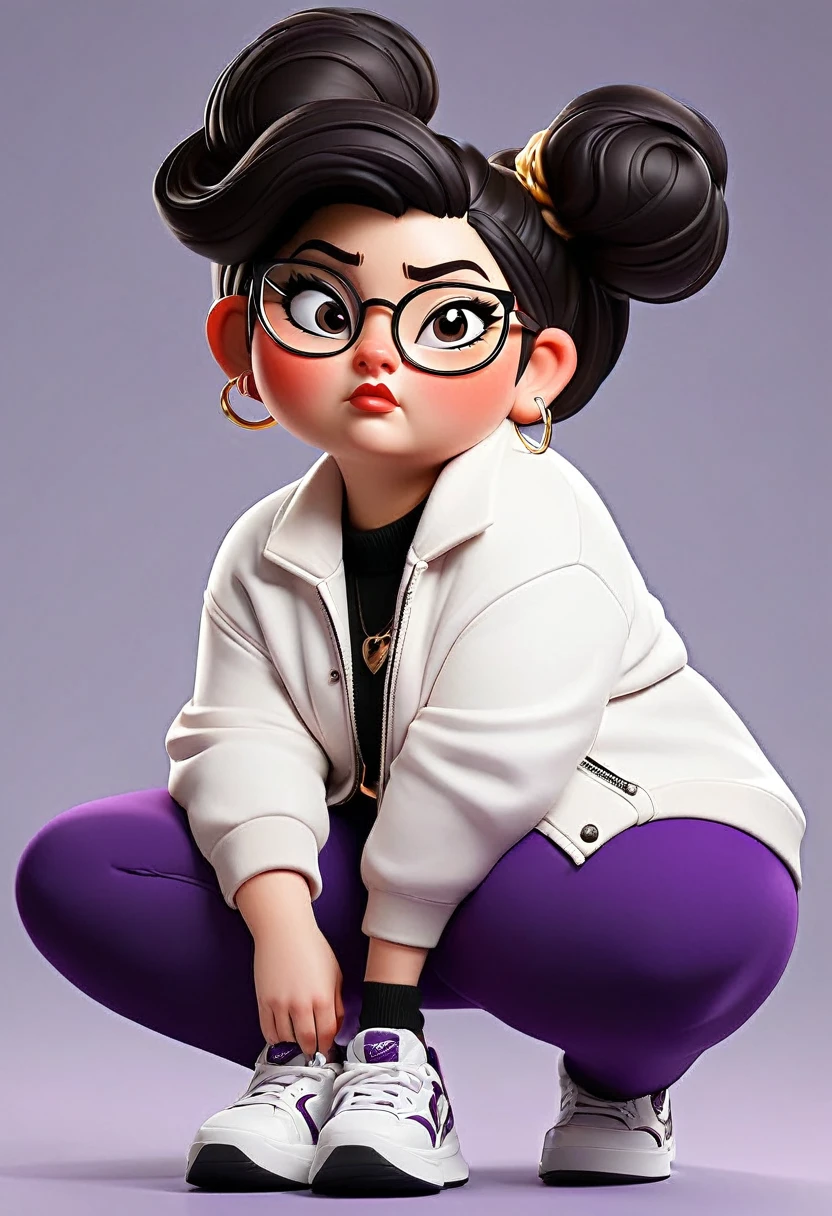 white girl a little chubby, culona, wide legs, waist a little big, with dark purple leggings, a black and white jacket, short black hair with bun and oval glasses