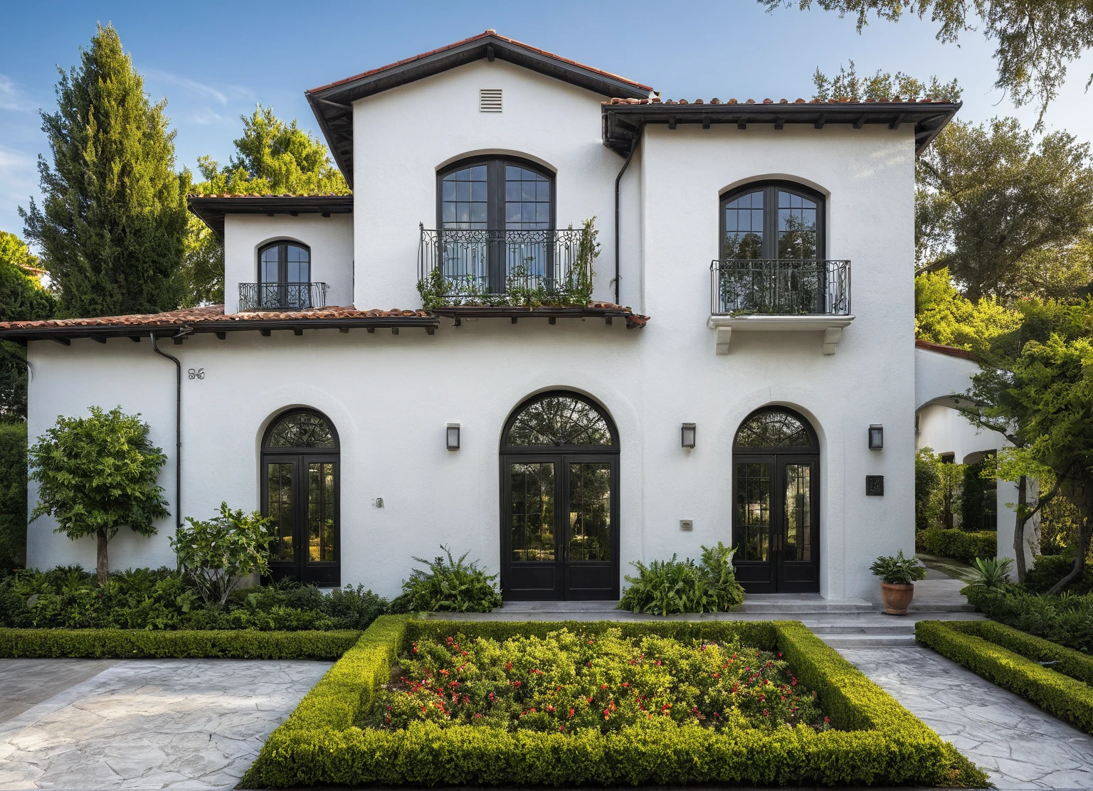 (RAW photo, masterpiece, best quality,ultra-detailed, extremely delicate and beautiful, highresolution, best shadow:1.1), A Mediterranean Italian style home with white stucco walls, black accents and windows, large front yard, vivid color, beautiful shrubs and flower, tropical tree and plants, professional photography in the style of an Italian classic home.