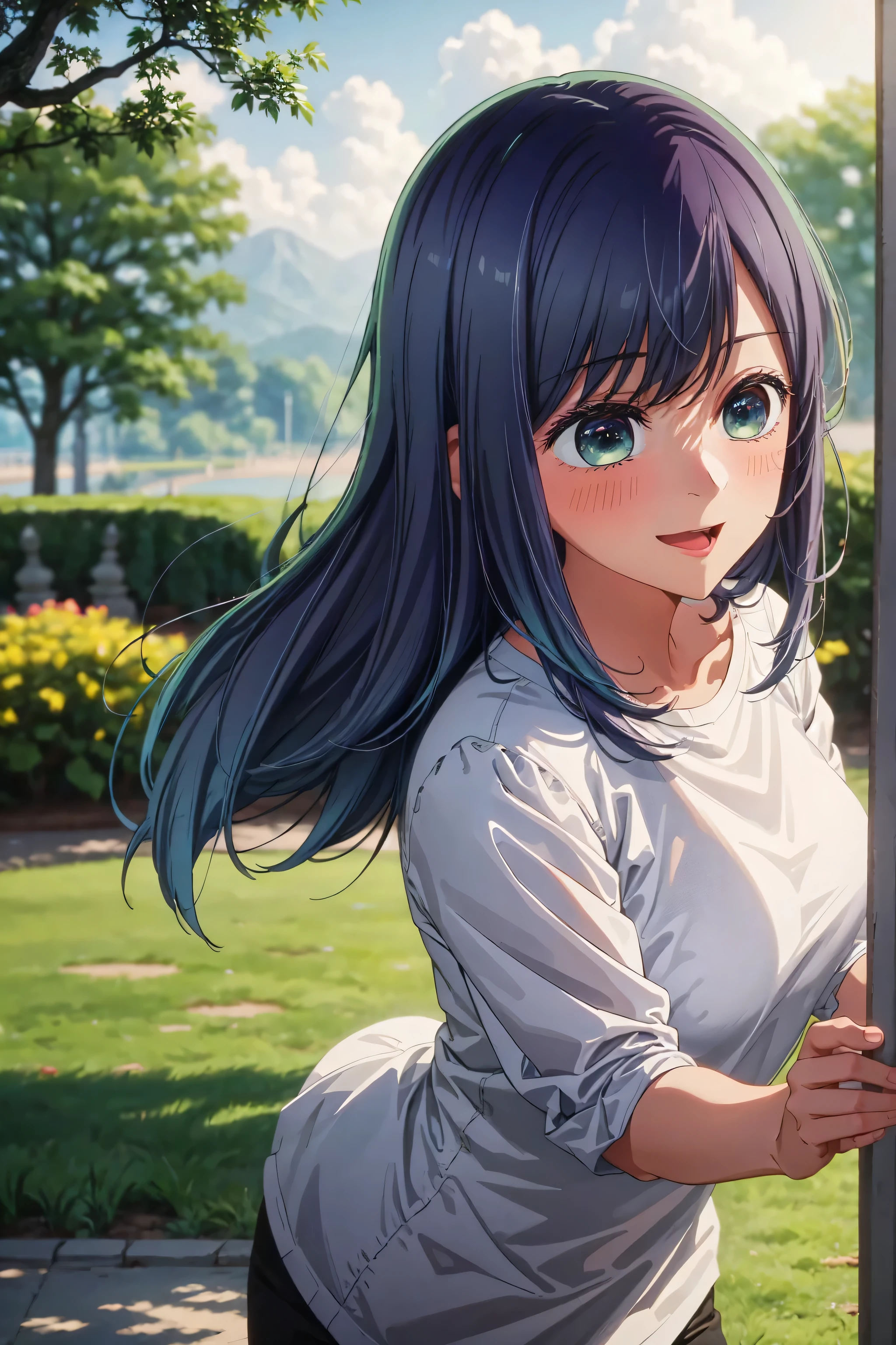 best quality, masterpiece, 1 girl, alone, mature woman, very happy, too blushing, background of a beautiful park, whole body 