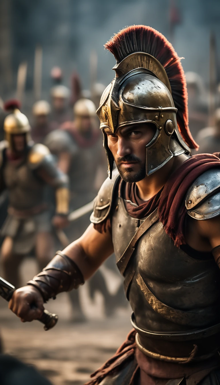 Show a Spartan warrior standing alone against a horde of enemies, his face showing no fear, battle atmosphere background, hyper realistic, ultra detailed hyper realistic, photorealistic, Studio Lighting, wearing a gold crown, reflections, dynamic pose, Cinematic, Color Grading, Photography, Shot on 50mm lens, Ultra-Wide Angle, Depth of Field, hyper-detailed, beautifully color, 8k