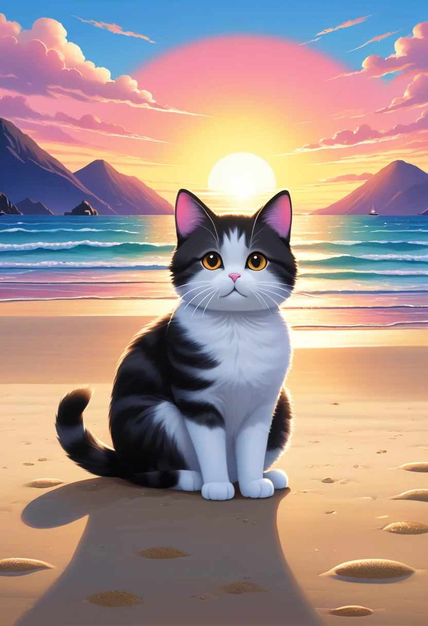 Draw a cat on a calm beach in the style of Seizo Watase. The cat should be playing in the sand or watching the fish on the shoreline. A beautiful sunset and colorful sky should be in the background.