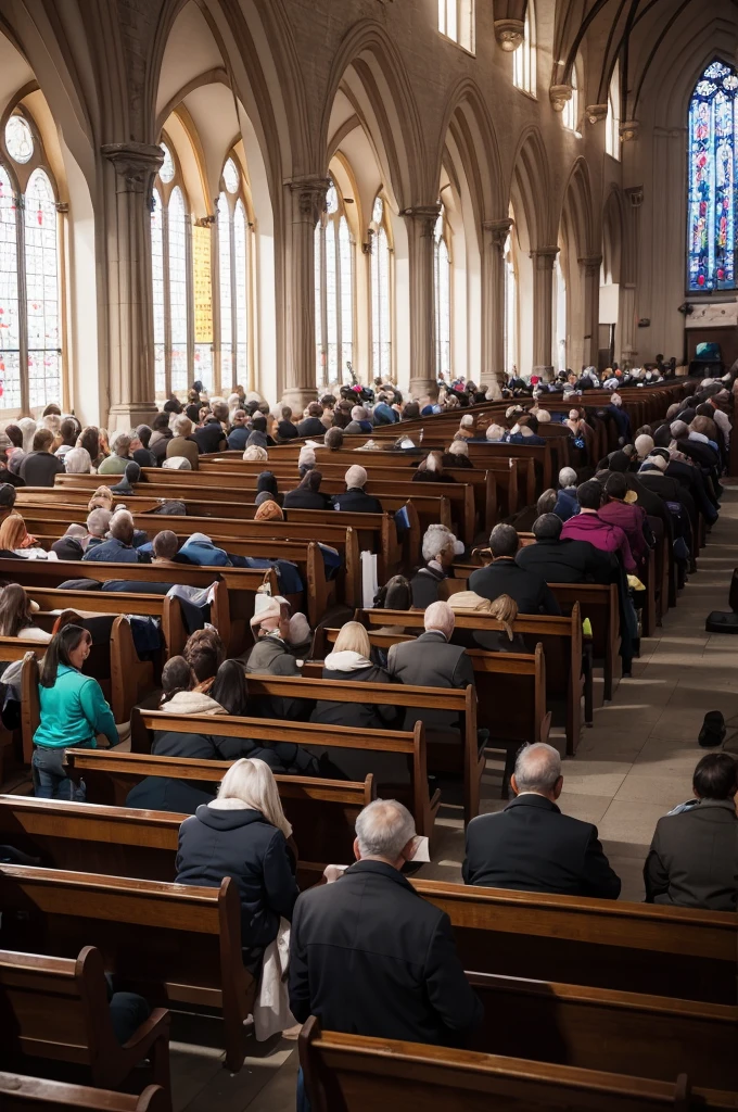 Place inside the church with 10.000 people sitting in rows of benches and a pastor in front, far away preaching
