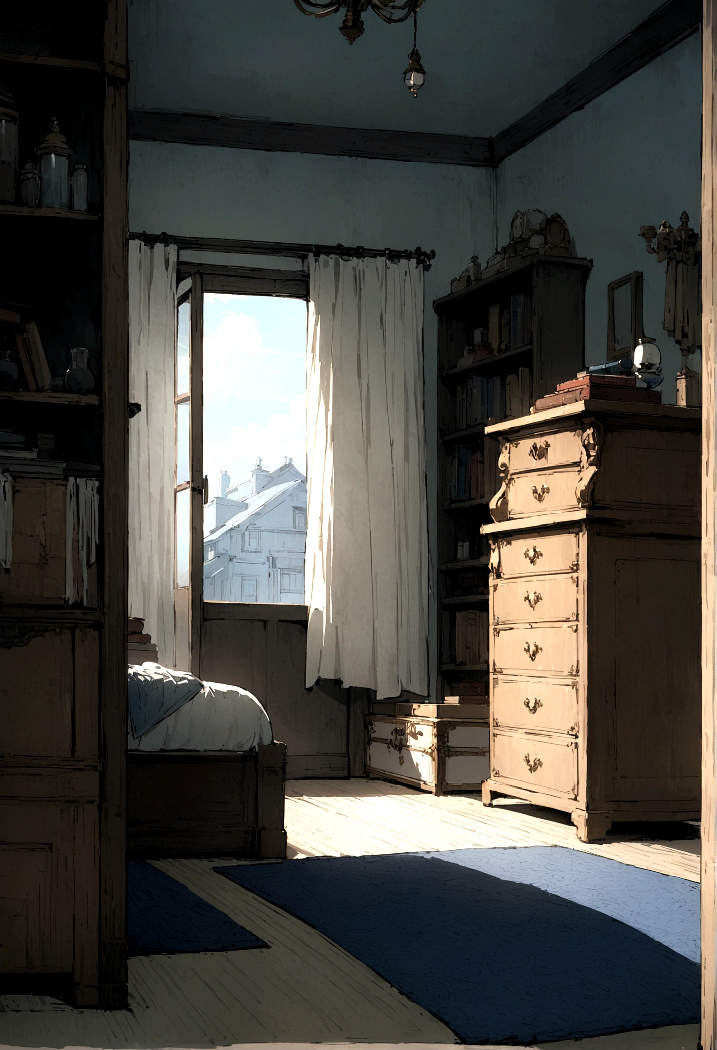 Highest quality、Masterpiece、Background of a room living alone、Luxurious bed with light blue canopy、A chandelier with many lights、An antique white bookshelf with several books inside、A vintage white desk with a black treasure chest on top、A blue carpet with an intricate pattern、Those luxurious pieces of furniture、They are lined up in a small one-room apartment of about 8 tatami mats.、There is a window around、Two doors、The kitchen space includes a refrigerator and cupboards.