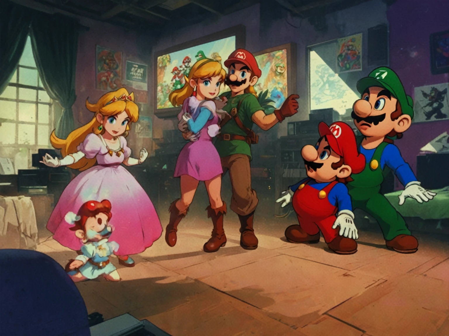 1990's animated tv show screengrab, Legend of Zelda crossover Mario Bros. , VHS, glitch, distorted, nostalgia, 90's retro vibes, analog tape, vcr aesthetics, tv, television, comic 1990's, animated tv show screengrab, Zelda and Super Mario cast dancing stanky boogie, cinematic poster, image within image, multiple exposure, massive scale, rich color grading for shading depth, hand drawn rotoscope cartoon realism, chiaroscuro lighting, mixed media, vintage comic, retro original design, 1990's comic, sense of movement energy, taking flight, tropical rot, rewilding, (full roygbiv color) ink charcoal expressive illustration, Zelda and Mario aesthetics