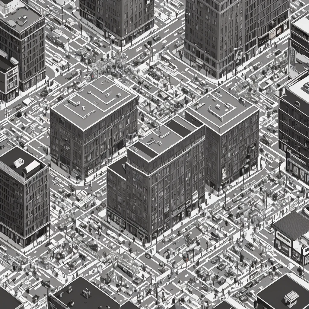 a black and white isometric illustration of a city with people walking around, new york city lineart, detailed street, detailed illustration, busy streets, busy street, busy small town street, busy cityscape, isometric illustration fun, 2.5d game lineart behance hd, 2.5d game lineart behance hd, crowded street, crowded streets