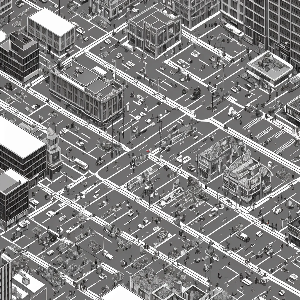 a black and white isometric illustration of a city with people walking around, new york city lineart, detailed street, detailed illustration, busy streets, busy street, busy small town street, busy cityscape, isometric illustration fun, 2.5d game lineart behance hd, 2.5d game lineart behance hd, crowded street, crowded streets