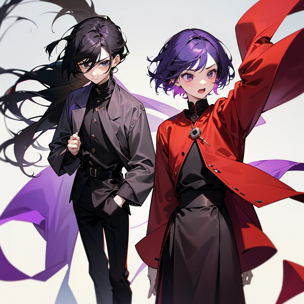 A teenagers friend group comformed by 2 boy and 2 girls, one of the boys is tall and wears long dark red clothes, the another boy wears short grey clothes, one of the girls is short and wears long black clothes, the another girl wears short purple clothes, white background, the teenagers are posing funny