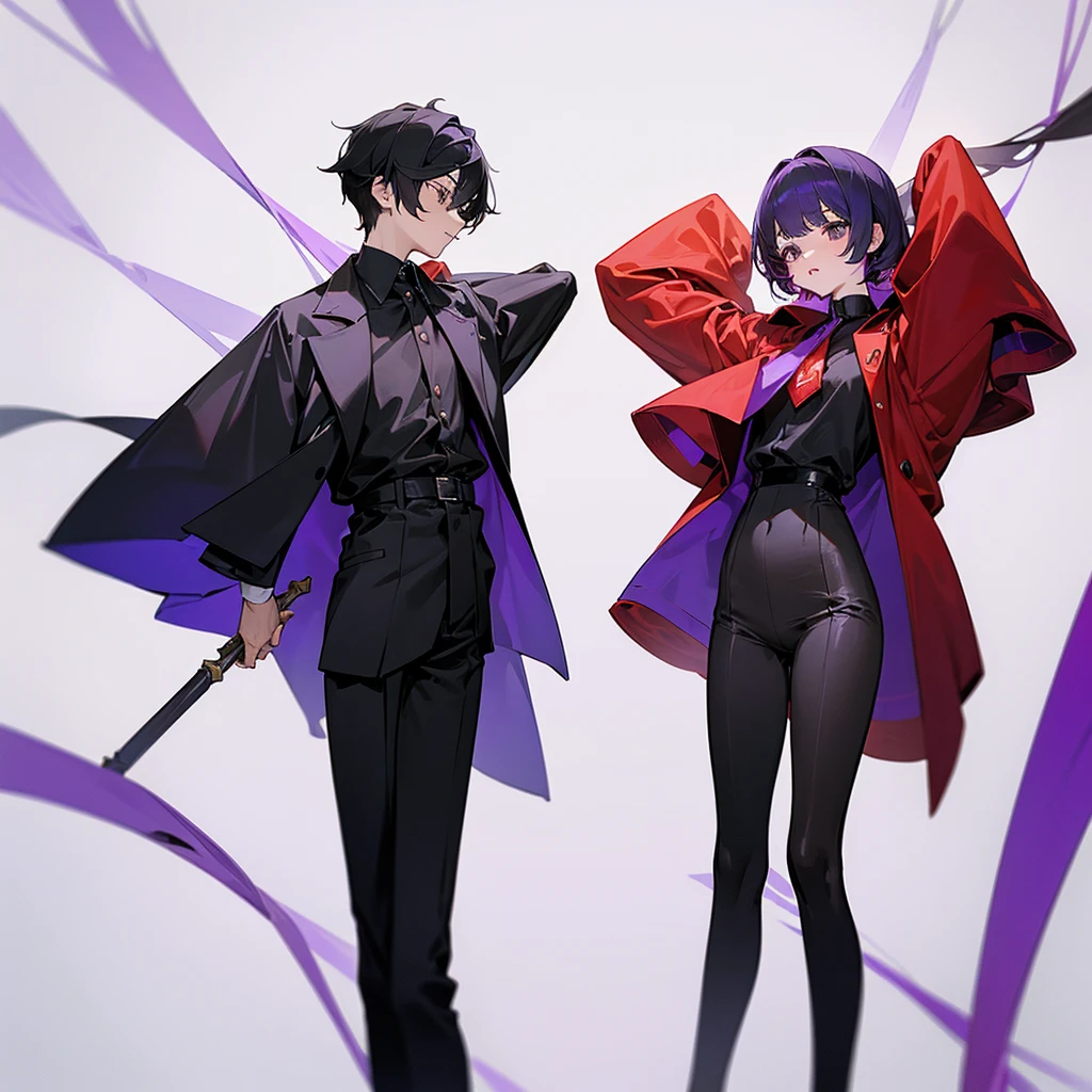 A teenagers friend group comformed by 2 boy and 2 girls, one of the boys is tall and wears long dark red clothes, the another boy wears short grey clothes, one of the girls is short and wears long black clothes, the another girl wears short purple clothes, white background, the teenagers are posing funny