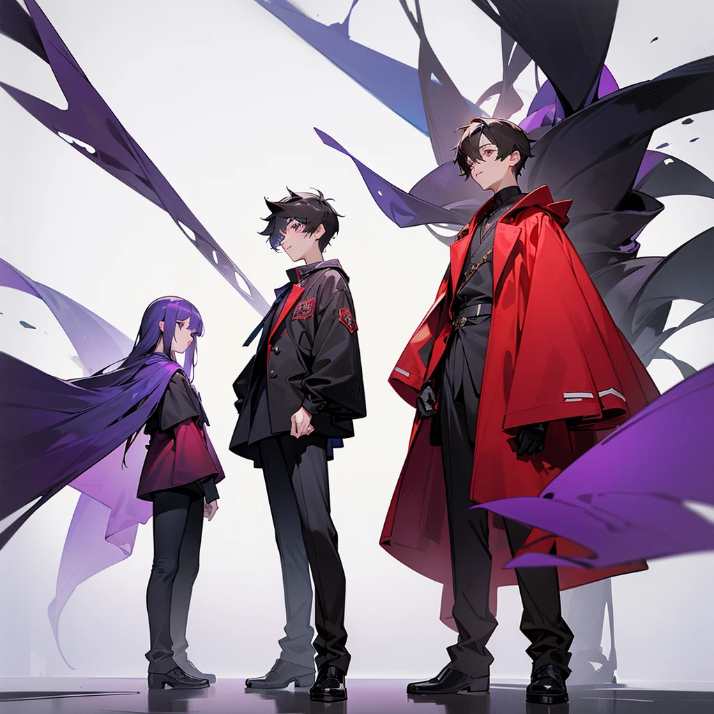 A teenagers friend group comformed by 2 boy and 2 girls, one of the boys is tall and wears long dark red clothes, the another boy wears short grey clothes, one of the girls is short and wears long black clothes, the another girl wears short purple clothes, white background, the teenagers are posing funny