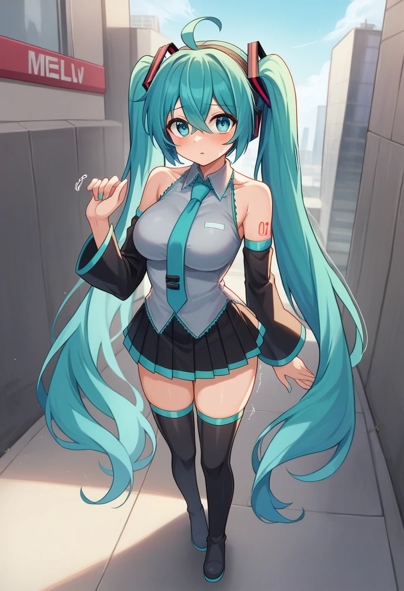 hatsunemiku, miku hatsune, ahoge, aqua eyes, aqua hair, crossed bangs, hair between eyes, hair ornament, headphones, long hair, twintails, BREAK aqua necktie, black footwear, black skirt, black sleeves, boots, collared shirt, detached sleeves, grey shirt, necktie, pleated skirt, shirt, skirt, sleeveless, sleeveless shirt, thigh boots, tie clip, BREAK looking at viewer, BREAK outdoors, city, BREAK (masterpiece:1.2), best quality, high resolution, unity 8k wallpaper, (illustration:0.8), (beautiful detailed eyes:1.6), extremely detailed face, perfect lighting, extremely detailed CG, (perfect hands, perfect anatomy), Get blush, (Best Quality: 1.5), (black-red lingerie panties). (((Twisting the skirt))). Detailed female genitalia. (((Trembling girl ))). Big Breast. get blush. (((Grabbing the hem of the skirt))). Pants with drawstrings on the sides. Full body standing. Pubic tattoo,