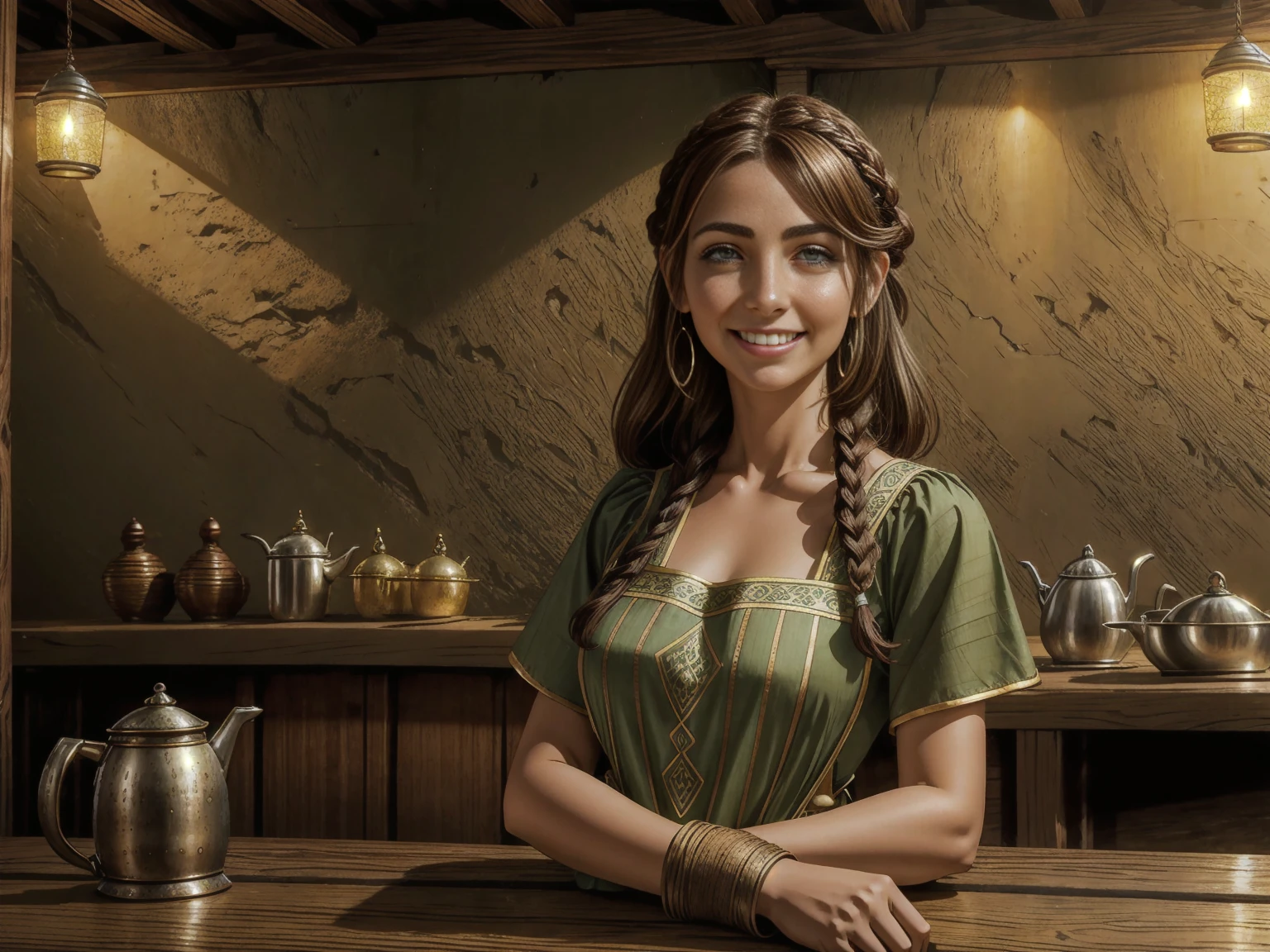 1 girl, adult (elven:0.7) woman,  green eyes, auburn waterfall braid, Brown hair
portrait, solo, upper body, looking away, detailed background, detailed face, (arid desert middle-eastern theme:1.1) smile, barkeep, simple tight dress, apron,  rustic pub interior in background,  rust, wall-decorations,  drapes, flagon, plates, low light, jovial fantasy atmosphere,