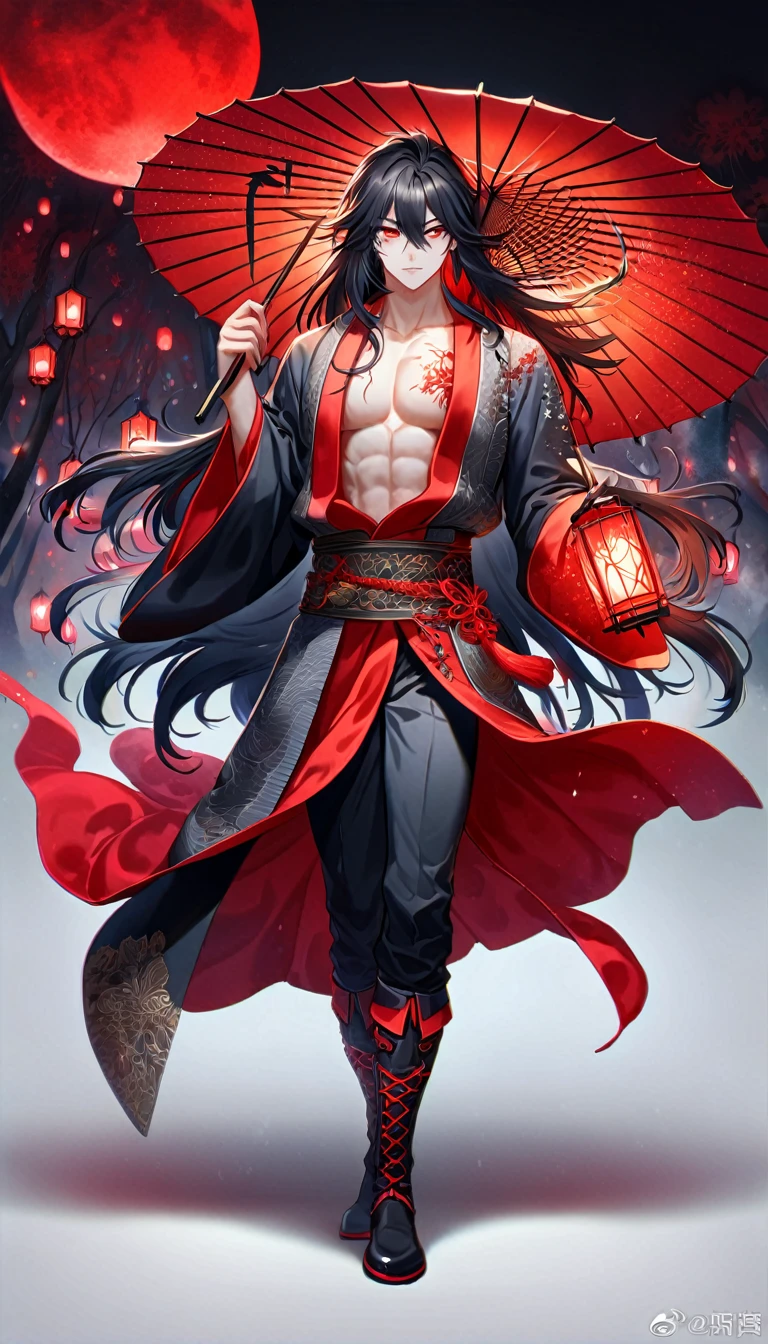 absurdres, highres, ultra detailed, HDR, master piece, best quality, extremely detailed face, delicated features, Xue Yu, untamed spiky hair, black hair, long hair, hair between the eyes, expressive red eyes, Thousand Years War, solo, sexy man, holding a red paper umbrella in his right hand, handsome, toned chest, black haori, red fantasy robes, black pants, black boots, full body, red moon, red blood, fantasy, magic, envy magical, forest, red spider lilies, red lanterns, red fire, red floating round lights