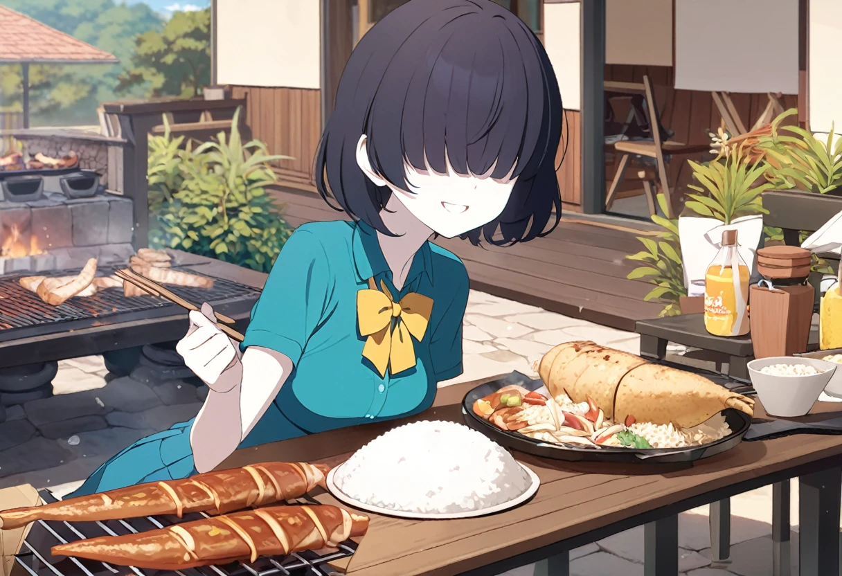 1girl, , turquoise vest, collared shirt, yellow bowtie, open jacket, blue skirt, black-framed eyewear, pleated skirt, black hair, turquoise bangs, very short hair, hair over eyes, pale skin, medium breasts, turquoise eye, smile, country house, table, eating barbecue, rice with cassava, (masterpiece), best quality, anime style, full body
