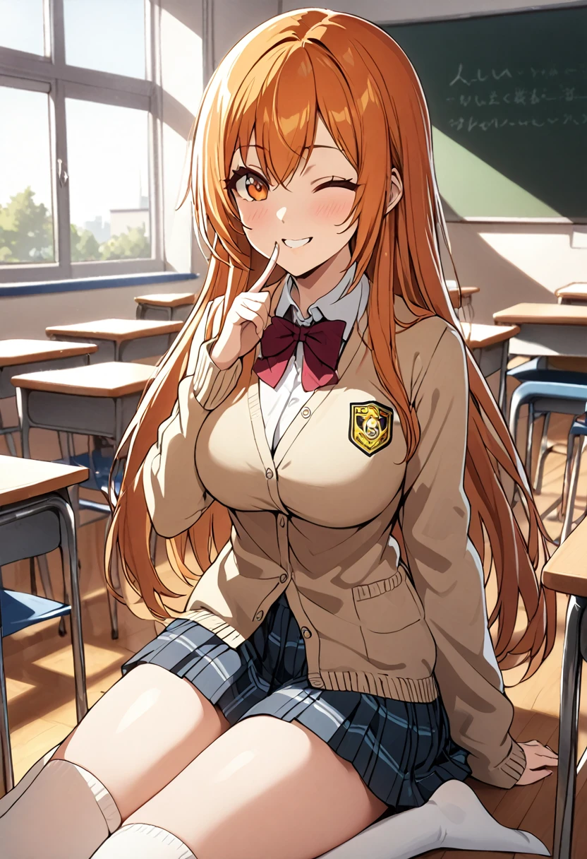 1 woman, (solo), tall woman, long orange hair, straight hair ,orange eyes, (high school student), (************), (Full Breasts), High Height,masterpiece, high resolution, shiny, full body, beautiful,A cute smile that makes the viewer happy, highly detailed beautiful face and eyes,looking at viewer, (school uniform , cardigan:1.2), (high school, high school classroom:1.2), (finger to mouth), (one eye closed), from front, beautiful, high socks,  (sexy:1.2), 