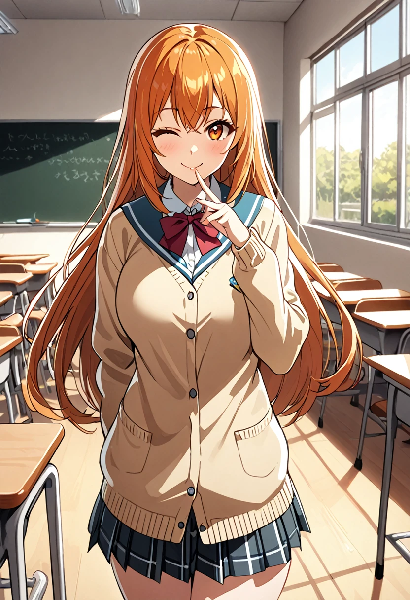 1 woman, (solo), tall woman, long orange hair, straight hair ,orange eyes, (high school student), (), (Full Breasts), High Height,masterpiece, high resolution, shiny, full body, beautiful,A cute smile that makes the viewer happy, highly detailed beautiful face and eyes,looking at viewer, (school uniform , cardigan:1.2), (high school, high school classroom:1.2), (finger to mouth), (one eye closed), from front, beautiful, high socks,  (sexy:1.2), 