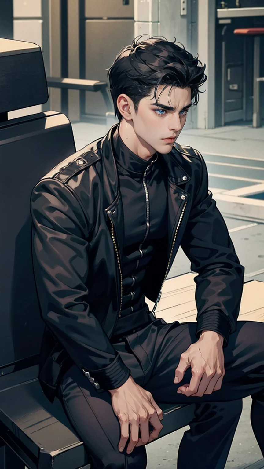 black hair boy, blue eyes, muscular, hot and sexy sweaty body, wearing black jacket, black pantaloon, sitting on a bench 