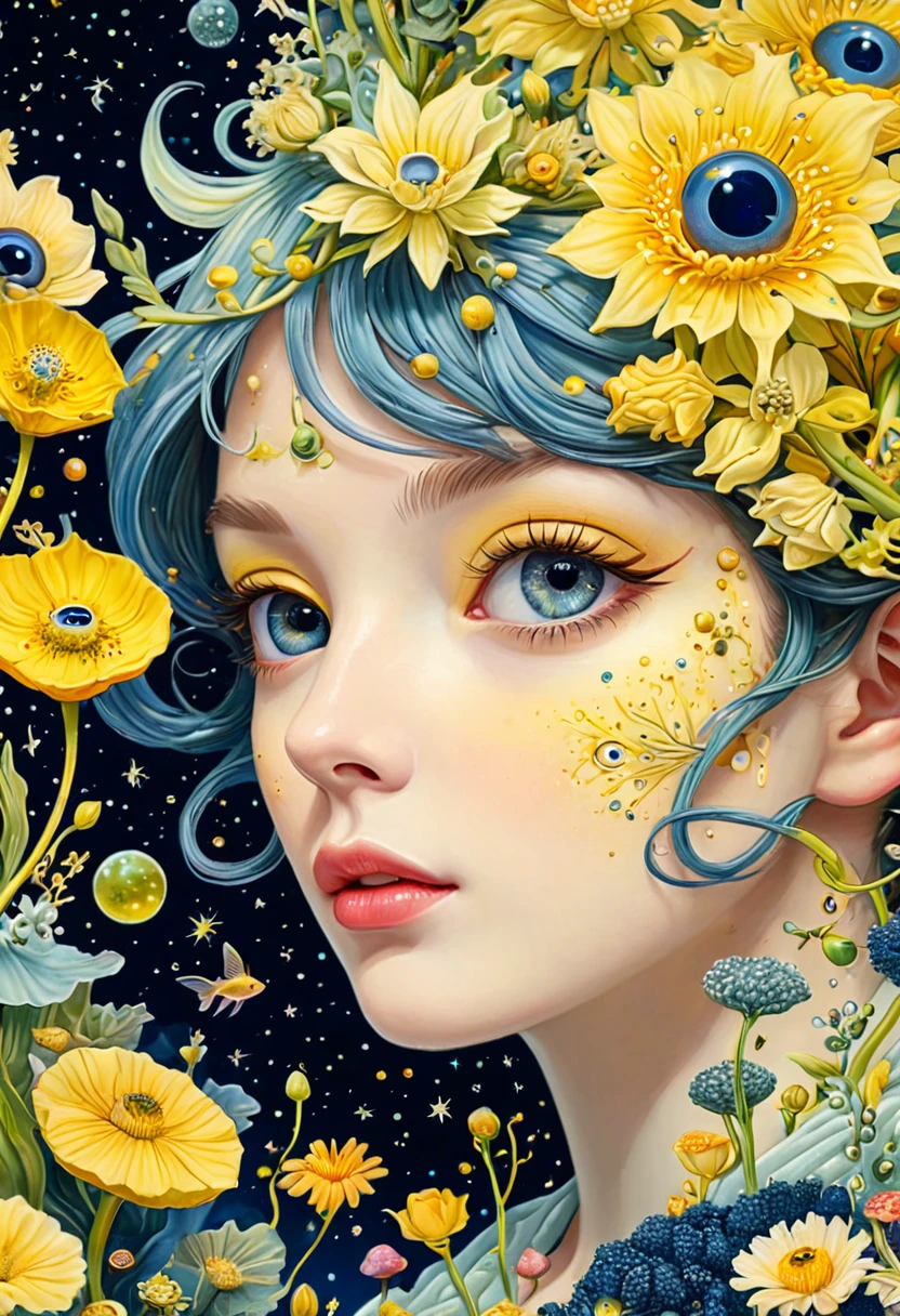 (((James Jean))),intricate abstract art, blend of floral buds, microorganisms, plants, marine life, eyes, starry sky, self-portrait of autistic person's inner world, strong sense of space, negative space, whimsical, surreal, yellow tones, highly detailed, masterpiece, (best quality, 4k, 8k, highres, masterpiece:1.2), ultra-detailed, (realistic, photorealistic, photo-realistic:1.37), HDR, UHD, studio lighting, ultra-fine painting, sharp focus, physically-based rendering, extreme detail description, professional, vivid colors, bokeh