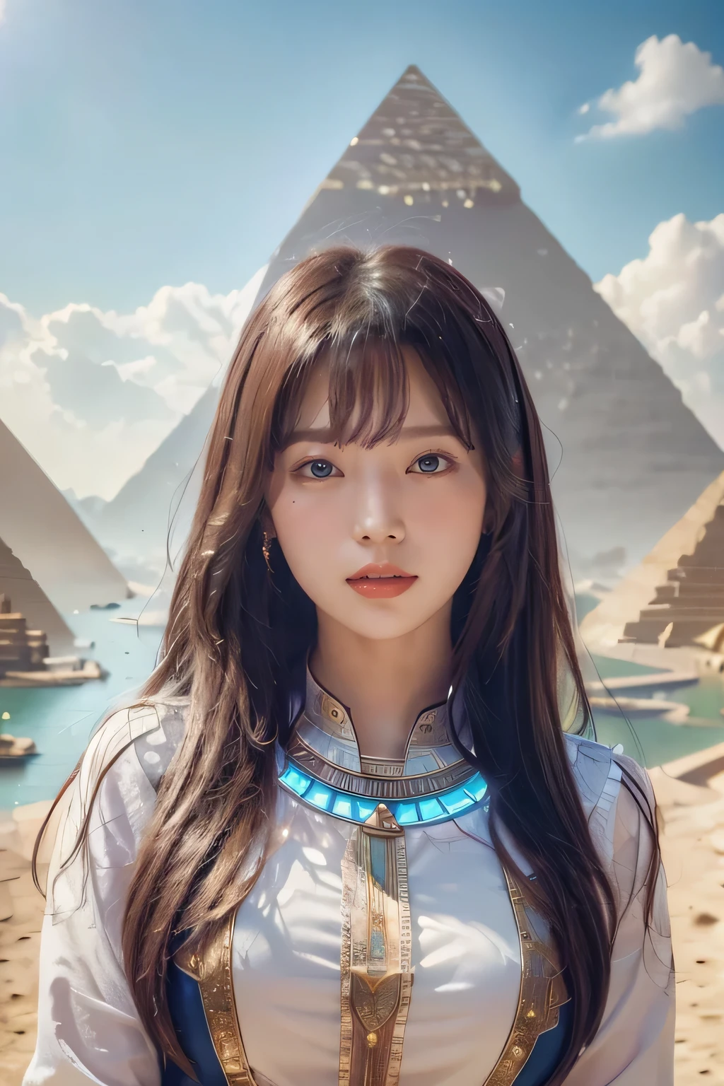 ((Highest quality、8K、masterpiece:1.3))、Photorealistic, Sharp focus, high resolution, High resolution, Portraiture, one person, woman, beautiful woman, sexly、Egyptian woman warrior walking in ancient egypt、Complex technology, Pyramids and ancient Egyptian cities far away、cyber-、Light and shadow、Cyan Light、