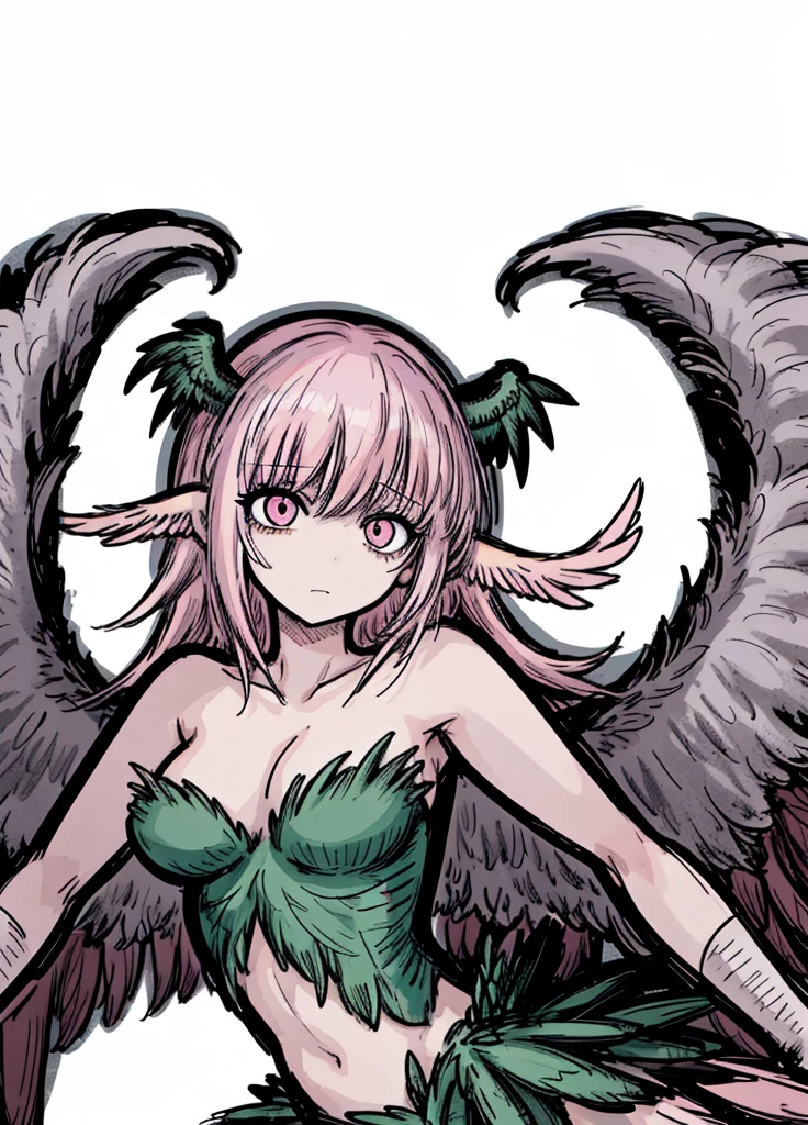 1girl , light pink hair eyes ,light pink hair,harpian, feathered wings, bird claws, feathers, harpy ears, happy, (high resolution, high detail, best quality), alone, medium breasts, sad