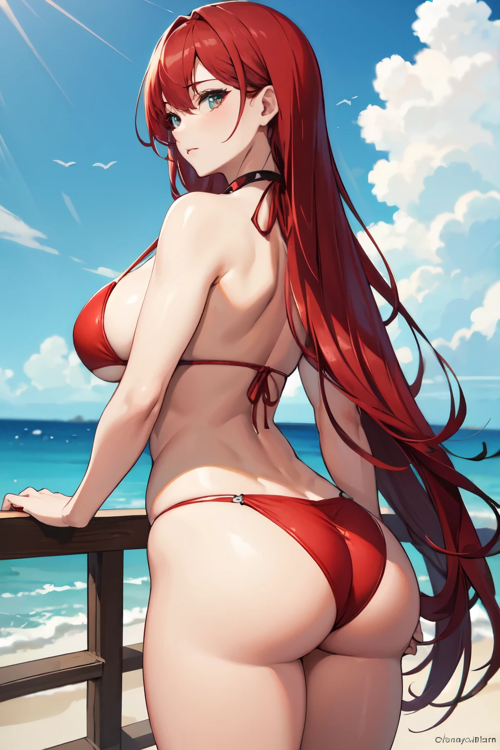 ((best qualityer)), ((work of art)), (detailded), 1womanl, muslos grandes, big-ass, Red hair, super long hair, in bikini.