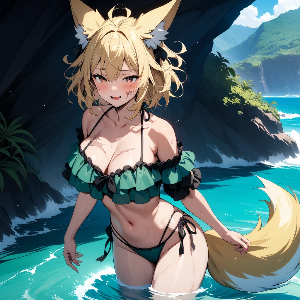 (masterpiece,best quality,very aesthetic,ultra-detailed),high saturation,official art,nsfw,solo,BREAK,1girl,30yo,curvy,large breasts,tall,stout build,bewitching,(blonde fox ears),(a fox tail),(blonde hair,short hair,messy hair),disheveled hair,(brown eyes),half closed eyes,beautiful face,bare legs,comfortable,open mouth,enjoyable,(smirk:0.8),wet,(tropical atmosphere,floral pattern dark green layered highleg bikini with long ruffled off-shoulder tropical sleeves and a black bow in the center. The bikini features strappy details on the bottom piece),elegant sundress layered over bikini,(scar on breasts,scar on cheek:1.2),ocean,wave,Clear seawater,summer sky,cowboy shot,wading,Cave by the Sea,wind