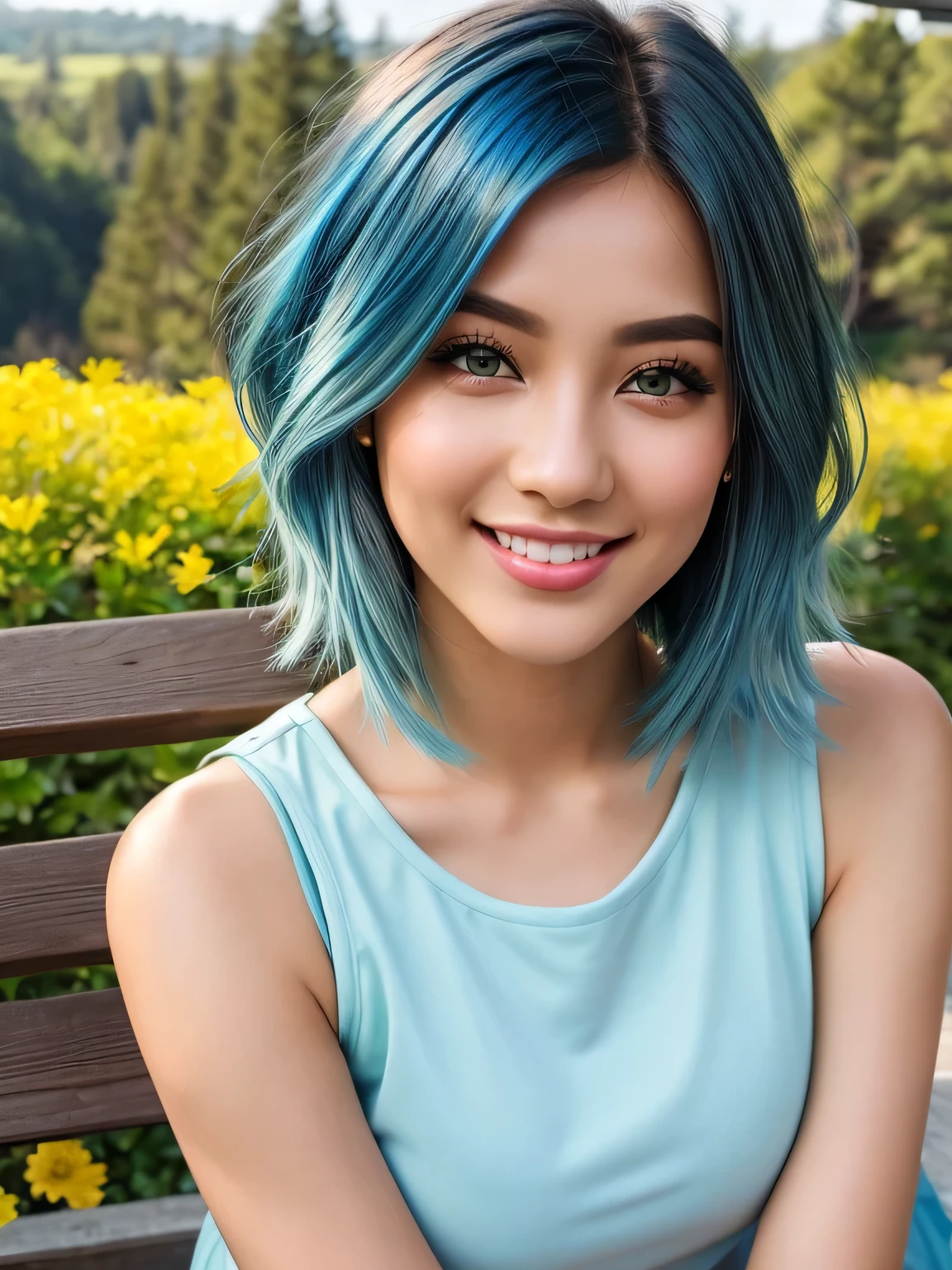 (blue hair:1.4), short hair, realistic green eyes, cobalt hair,  long bob hair, tousled hair, shoulder length hair, Full body, woman with white skin and Asian features, 24 year old, big breast. She has a small, elegant nose with a slight upward curve at the tip. Her lips are full and naturally pink, with a well-defined Cupid's bow. Her teeth are straight and white, enhancing her captivating smile. Her face has an oval shape with high cheekbones that add to her model-like appearance. (crack), detailed (texture!, shine, color!!, flaws: 1.1), highly detailed glowing eyes, (looking at camera), specular light, dslr, extreme quality, crystal clear, cute face, detailed skin pores, oil Dark skin, brown, complex eye details, she is far from the camera, A full-body portrait, captured from a distance. Dynamic Frame, 8K, Best Quality, Realistic, full body Realism, beautiful hairstyle, Dynamic Frame, hight resolution, detaile, 4k, masterpiece, shi is sitting on a park bench, ((green eyes)), sexy summer dress, , on a beautiful hill, lots of yellow flowers and pine trees, in sunny summer, blue sky, she is very happy smiling sweetly. (short hair:1.3)