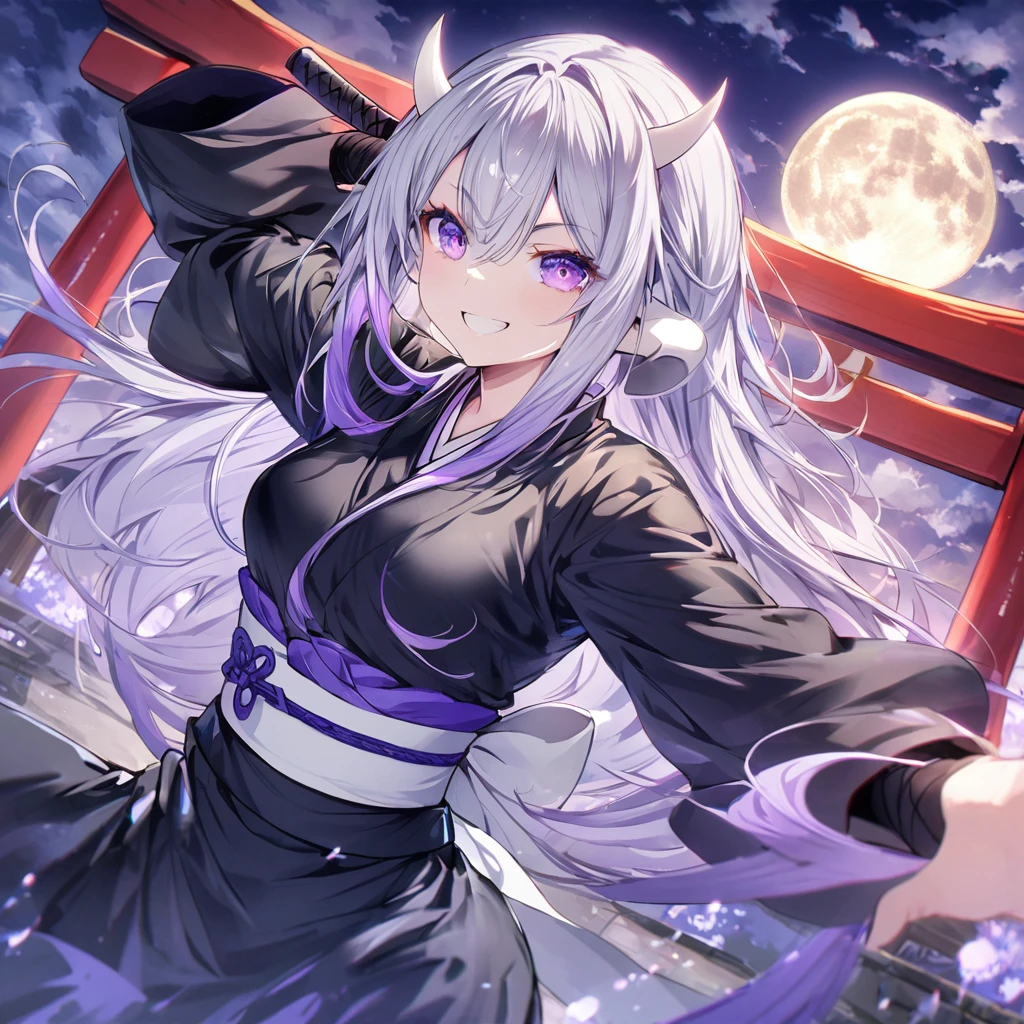 Long silver hair, Smile Torii Tai Chi
, black ninja, full moon, purple eyes, white horns