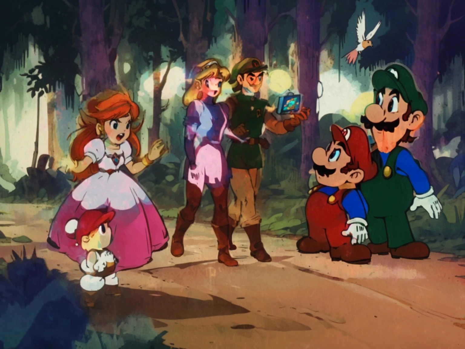 1990's animated tv show screengrab, Legend of Zelda crossover Mario Bros. , VHS, glitch, distorted, nostalgia, 90's retro vibes, analog tape, vcr aesthetics, tv, television, comic 1990's, animated tv show screengrab, Zelda and Super Mario cast dancing stanky boogie, cinematic poster, image within image, multiple exposure, massive scale, rich color grading for shading depth, hand drawn rotoscope cartoon realism, chiaroscuro lighting, mixed media, vintage comic, retro original design, 1990's comic, sense of movement energy, taking flight, tropical rot, rewilding, (full roygbiv color) ink charcoal expressive illustration, Zelda and Mario aesthetics