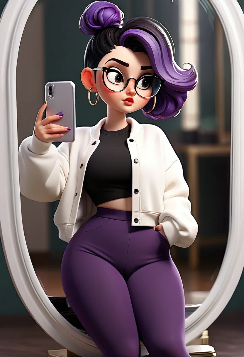 white girl a little chubby, culona, wide legs, waist a little big, with dark purple leggings, a black and white jacket, short black hair with bun and oval glasses, taking a selfie of your entire body in the mirror