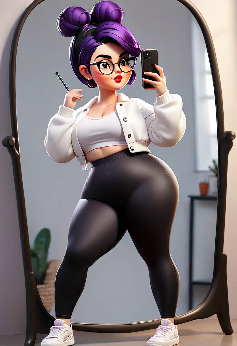 white girl a little chubby, culona, wide legs, waist a little big, with dark purple leggings, a black and white jacket, short black hair with bun and oval glasses, taking a selfie of your entire body in the mirror