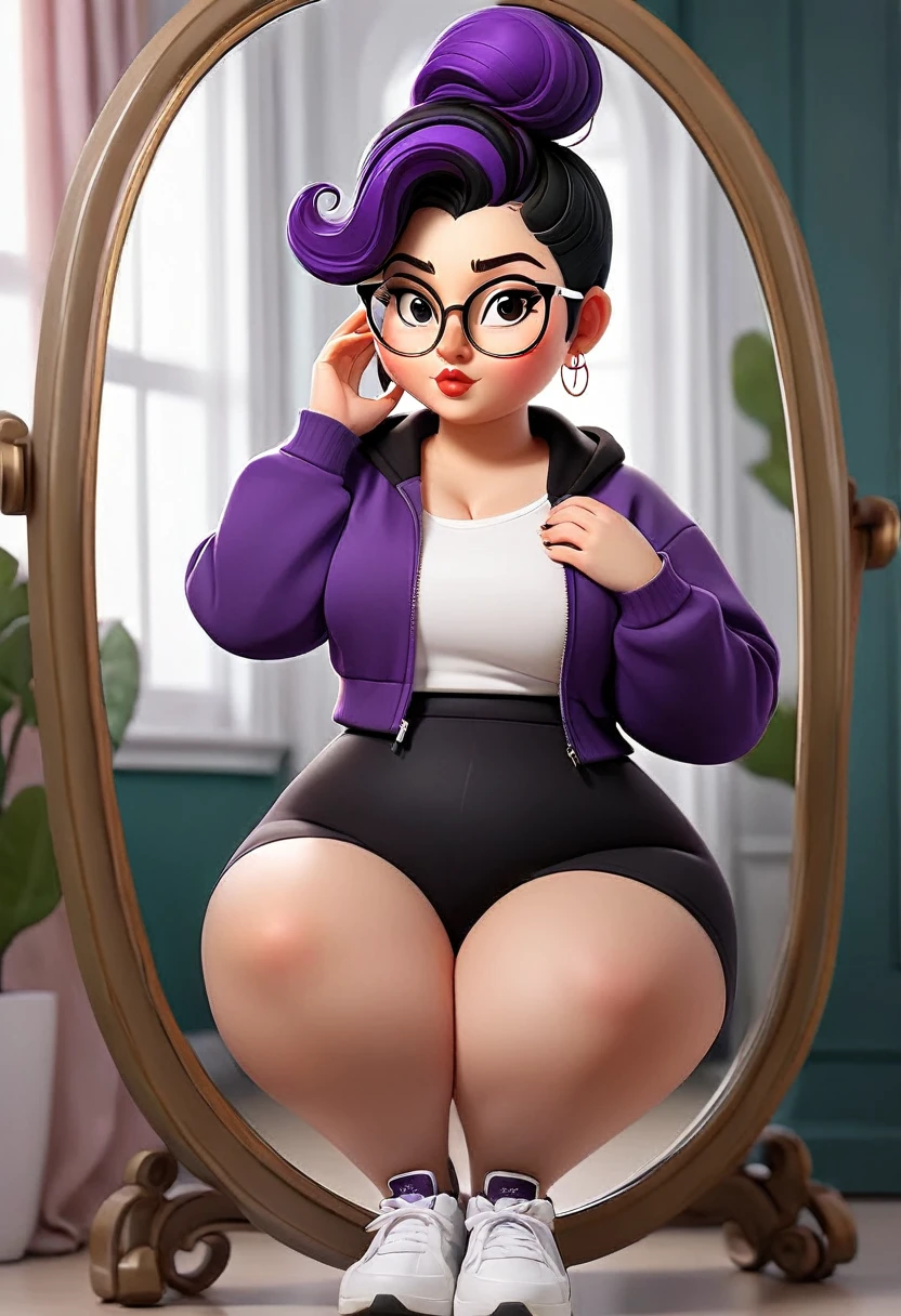 white girl a little chubby, culona, wide legs, waist a little big, with dark purple leggings, a black and white jacket, short black hair with bun and oval glasses, taking a selfie of your entire body in the mirror