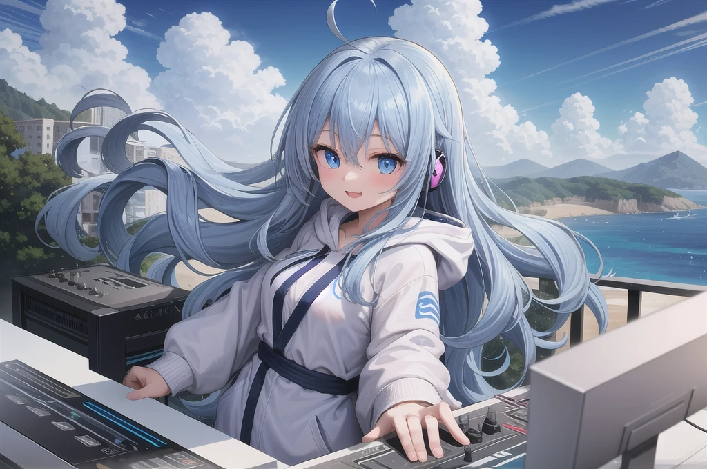 One girl, alone, 20-year-old, Light blue eyes, dark blue hair, Long, beautiful wavy hair, Ahoge, nice smile, White hoodie, Spectacular views, D Cup, headphone, Detailed DJ equipment, djing, masterpiece, Fine Fingers, 最high quality:1.4, high quality, detailed