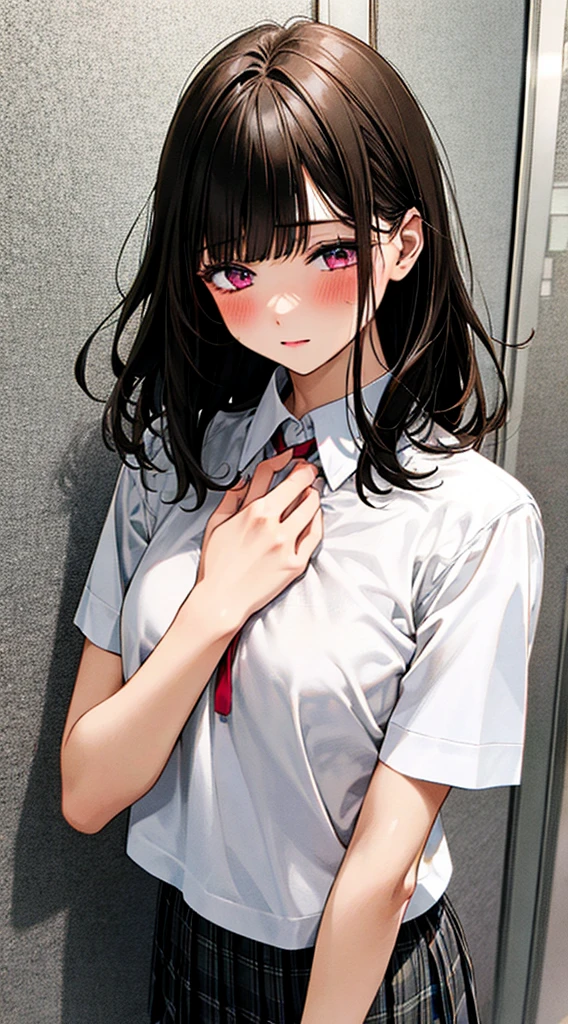 (masterpiece, best quality),
1girl, standing, undressing, hands on chest, cowboy shot,,
BREAK girl, 18yo, (medium breasts:1.1), black hair, (medium hair:1.2), (curly hair:0.9), blunt bangs,
pink eyes, ultra detailed eyes,(tareme:1.1),
half-closed eyes, blush
BREAK (school uniform), (white collared shirt, plain pattern shirt, short sleeves, white sleeves, shirt tucked in:1.2), (red plain pattern neck ribbon, narrow neck ribbon:1.1), (open clothes:1.2),pink bra
BREAK (black and grey plaid pattern skirt:1), (pleated skirt, miniskirt:1.2),
BREAK office,