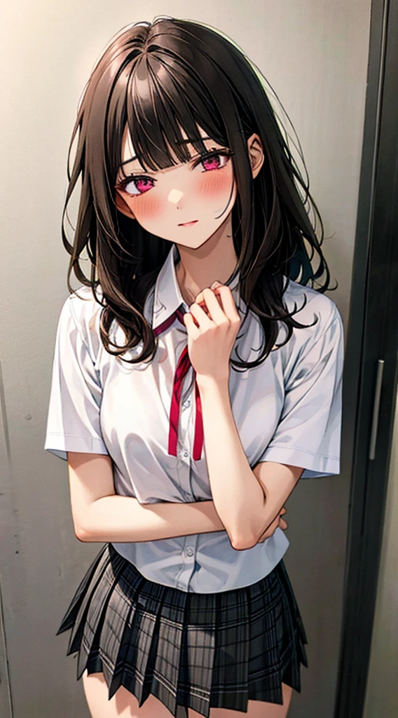 (masterpiece, best quality),
1girl, standing, undressing, hands on chest, cowboy shot,,
BREAK girl, 18yo, (medium breasts:1.1), black hair, (medium hair:1.2), (curly hair:0.9), blunt bangs,
pink eyes, ultra detailed eyes,(tareme:1.1),
half-closed eyes, blush
BREAK (school uniform), (white collared shirt, plain pattern shirt, short sleeves, white sleeves, shirt tucked in:1.2), (red plain pattern neck ribbon, narrow neck ribbon:1.1), (open clothes:1.2),pink bra
BREAK (black and grey plaid pattern skirt:1), (pleated skirt, miniskirt:1.2),
BREAK office,