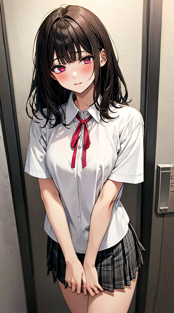 (masterpiece, best quality),
1girl, standing, undressing, hands on chest, cowboy shot,,
BREAK girl, 18yo, (medium breasts:1.1), black hair, (medium hair:1.2), (curly hair:0.9), blunt bangs,
pink eyes, ultra detailed eyes,(tareme:1.1),
half-closed eyes, blush
BREAK (school uniform), (white collared shirt, plain pattern shirt, short sleeves, white sleeves, shirt tucked in:1.2), (red plain pattern neck ribbon, narrow neck ribbon:1.1), (open clothes:1.2),pink bra
BREAK (black and grey plaid pattern skirt:1), (pleated skirt, miniskirt:1.2),
BREAK office,