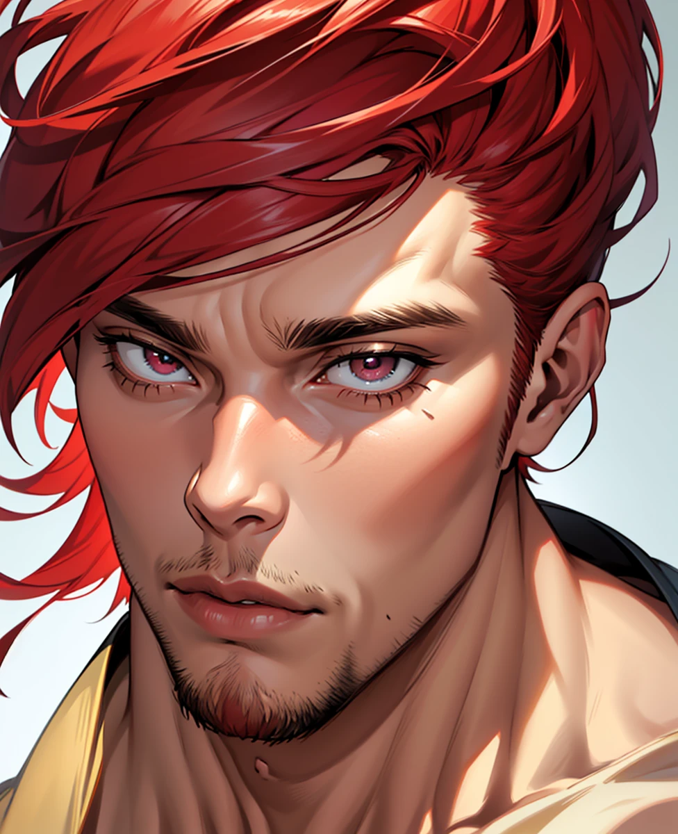 (absurdres, highres, ultra detailed), 1 male, mature, manly, tall muscular, handsome, detailed eyes, portrait, solo, close up, detailed background, (none background :1.1) short red hair, eyes close,