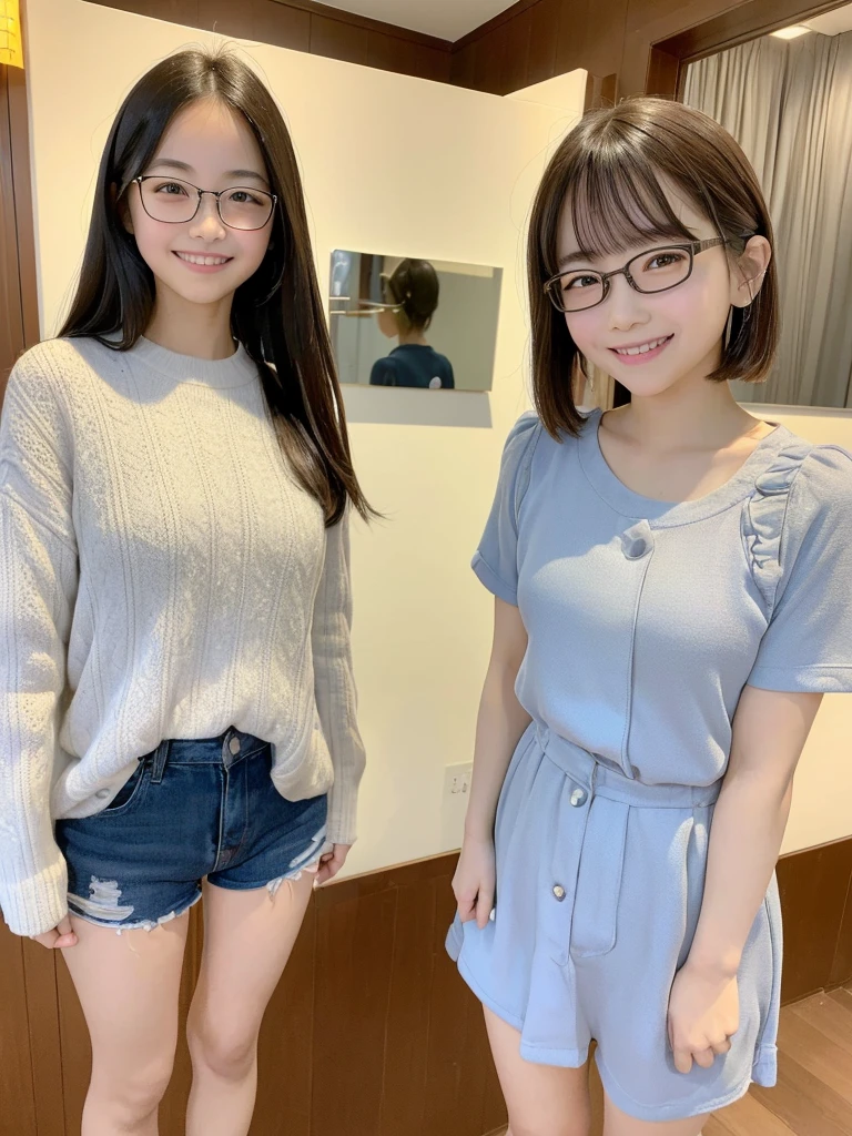 Highest quality、masterpiece、、Very detailed、Realistic、(Two Girls)、(Looking at me with a smile:1.5)、whole body、Small face、Narrow shoulders、Thin and beautiful legs、Tight and slim waist、Glasses