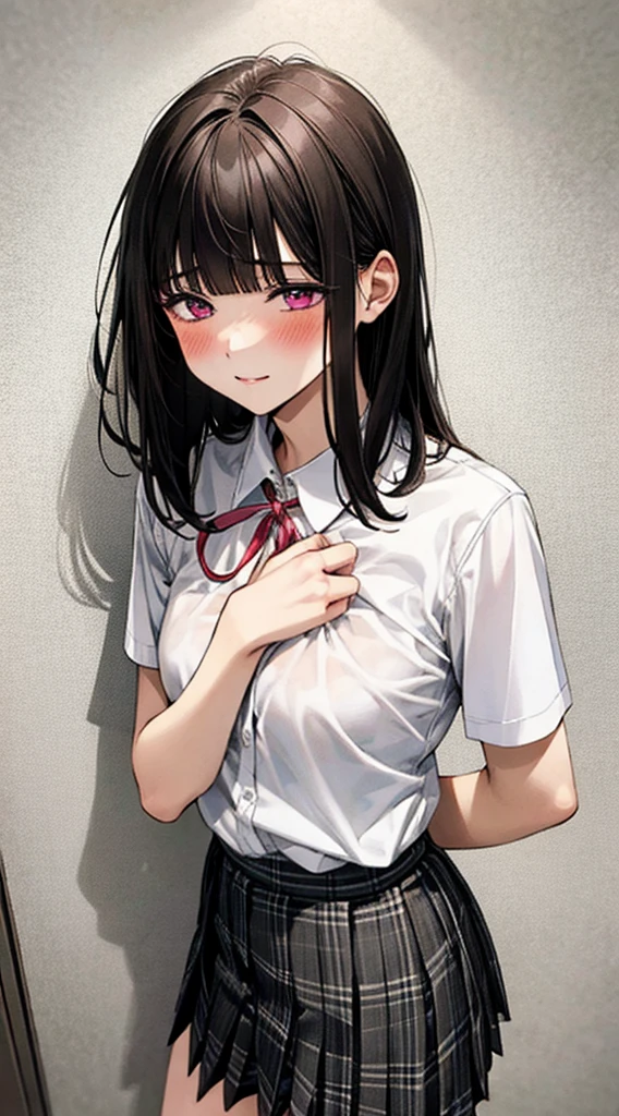(masterpiece, best quality),
1girl, standing, undressing, hands on chest, cowboy shot,,
BREAK girl, 18yo, (medium breasts:1.1), black hair, (medium hair:1.2), (curly hair:0.9), blunt bangs,
pink eyes, ultra detailed eyes,(tareme:1.1),
half-closed eyes, blush
BREAK (school uniform), (white collared shirt, plain pattern shirt, short sleeves, white sleeves, shirt tucked in:1.2), (red plain pattern neck ribbon, narrow neck ribbon:1.1), (open clothes:1.2),pink bra
BREAK (black and grey plaid pattern skirt:1), (pleated skirt, miniskirt:1.2),
BREAK office,