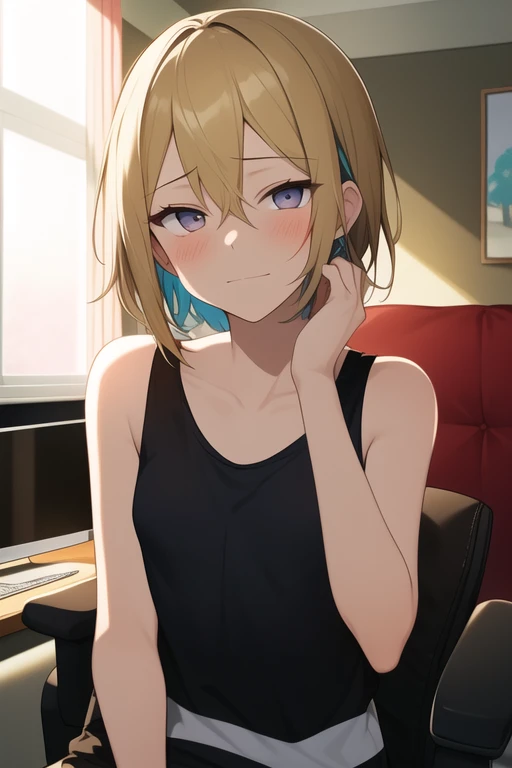 ((melhor qualidade)), ((Obra de arte)), (detalhado), 1girl, standing in her house, bedroom, dark room, black tank top, looking at viewer, red marks under her eyes, gray eyes, short blonde hair, pale skin, lazy expression, lazy smile, half-lidded eyes, sitting on gamer chair, hands on knees, tired expression, sleepy, skinny girl, small breasts, night outside, no lights,