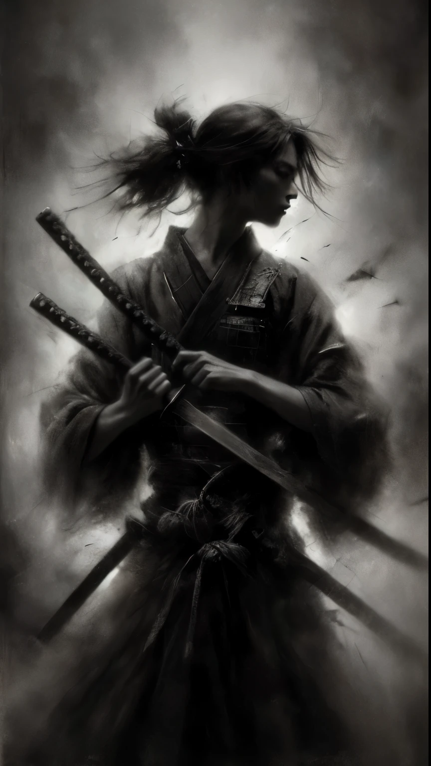 samurai girl, in the style of black and white realism, atmospheric impressionism, darkly romantic realism, pre-raphaelite realism, grainy, black and white photos, soft-focused realism --ar 36:61 --stylize 750 --v 6