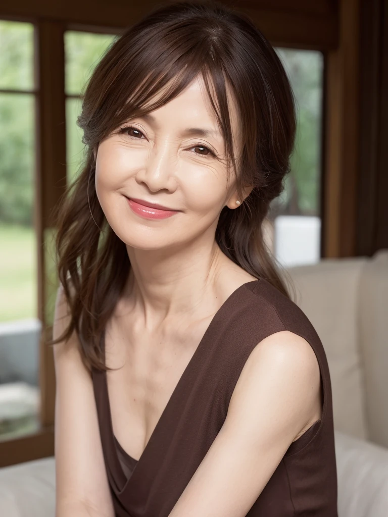 ((Highest quality)), ((8K)), ((masterpiece:1.3)), (Perfect look), (Photorealism:1.6), (JMA), (KE), (Portrait of a Japanese mature woman), Blurred background, Japanese women, 60 years old, ((Realistic skin texture)), (Fine wrinkles appear all over the skin), (Dullness), (Unmoisturized skin:), (Facial wrinkles), (Wrinkles around the eyes), double eyelid, Lower eyelid tear trough, The eyes are looking here, Serious look, (Dimples), BREAK(Red lips), BREAK ショートヘア, Smiling gently, Soft summer dress, Wide armholes, Sleeveless, pumps, Small breasts, Small breasts, Flat Chest, (Flat breasts), (Slimming), (Upper Body), View from the feet,