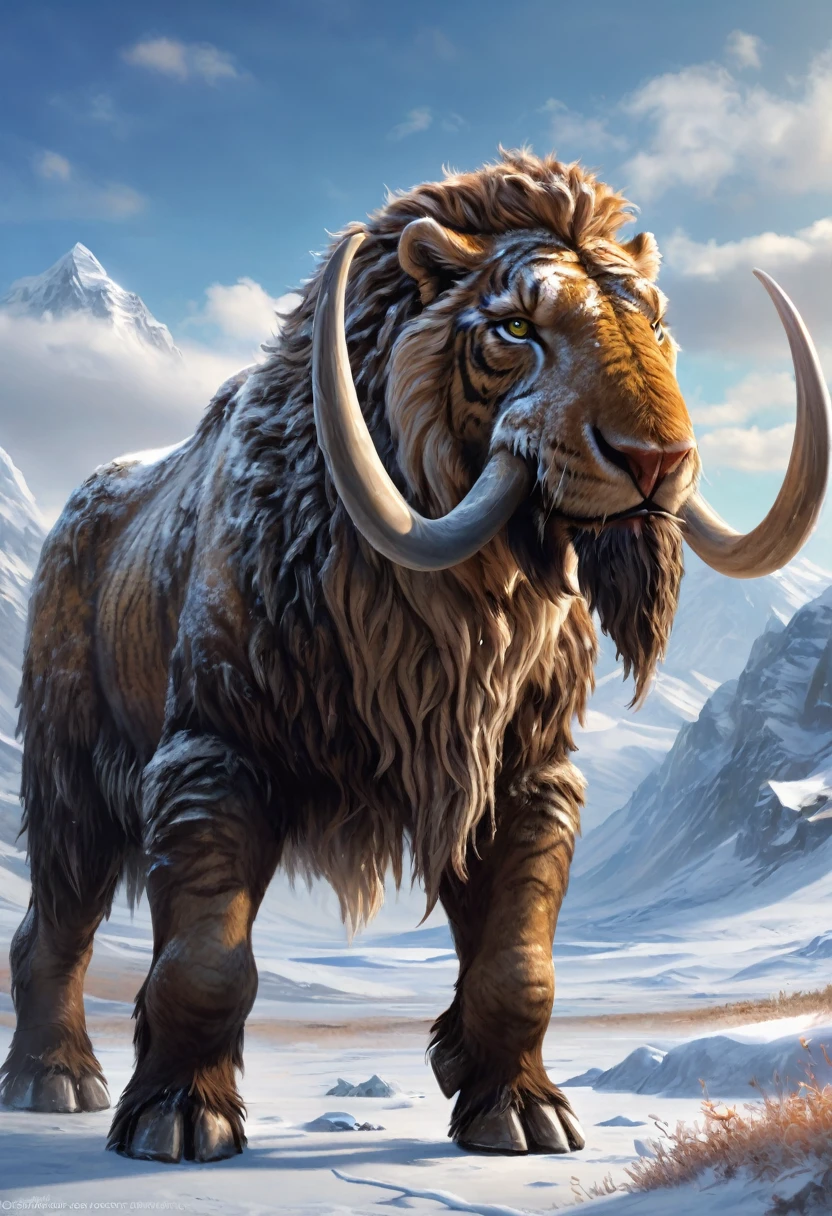 Humanoid creature that looks like a cross between a saber-tooth tiger and a woolly mammoth. Wearing a loin cloth and standing in a frozen tundra. Official art, award winning digital painting, digital illustration, extremely detailed, 4k, ultra hd, rococo, polished, intricate, realistic fantasy art, sharp focus, concept art, art by wlop, (2d vector illustration)
