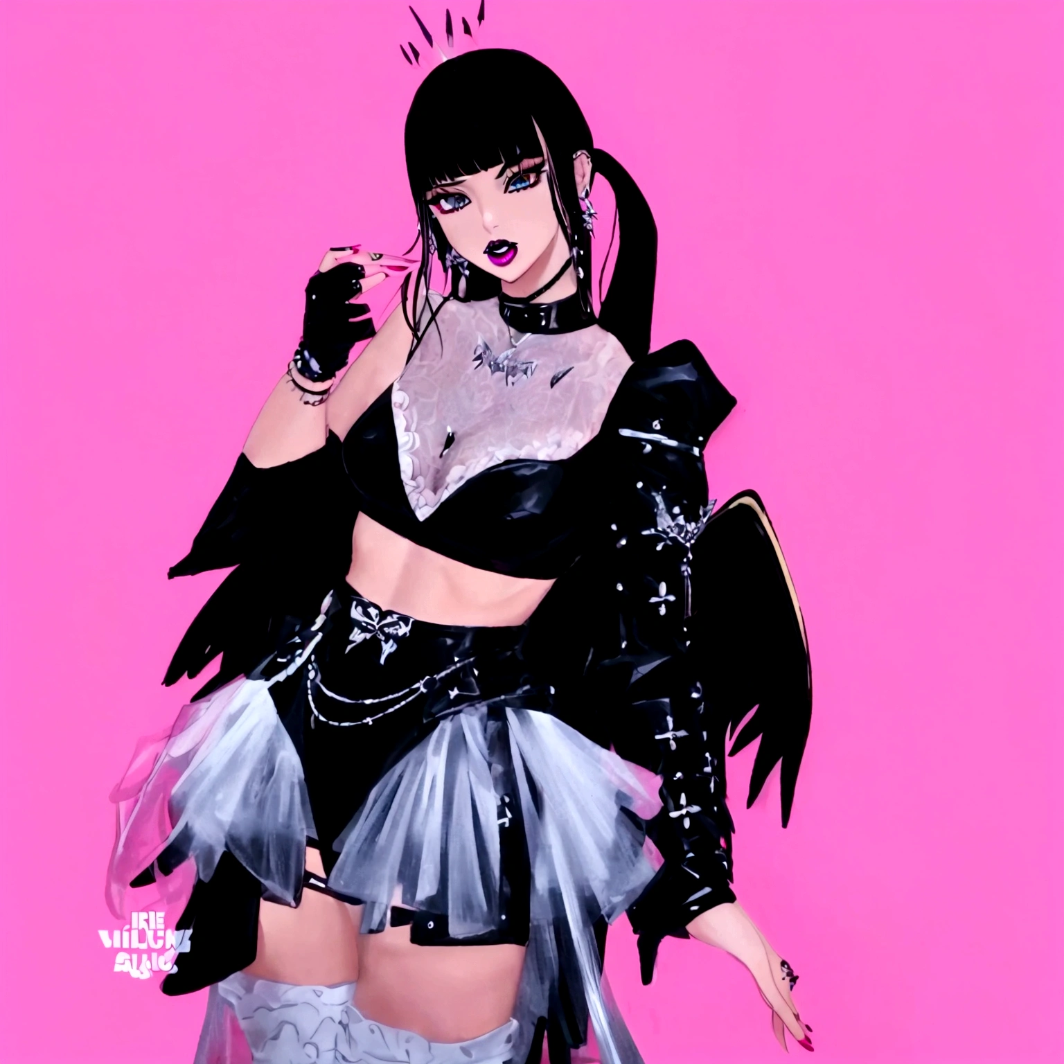 arafed image of a woman in a black outfit  imvu, as a mystical valkyrie, villainess has black angel wings, second life avatar, inspired by Sim Sa-jeong, upper body avatar, goth girl aesthetic, she has black hair with bangs, portrait of jossi of blackpink, HD, Detailed, clear color, high quality