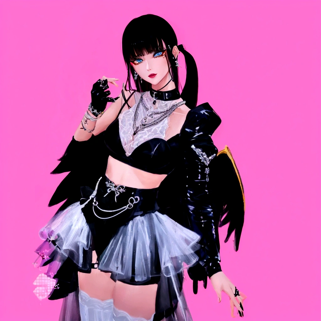 arafed image of a woman in a black outfit imvu, as a mystical valkyrie, villainess has black angel wings, second life avatar, inspired by Sim Sa-jeong, upper body avatar, goth girl aesthetic, she has black hair with bangs, portrait of jossi of blackpink, HD, Detailed, clear color, high quality
