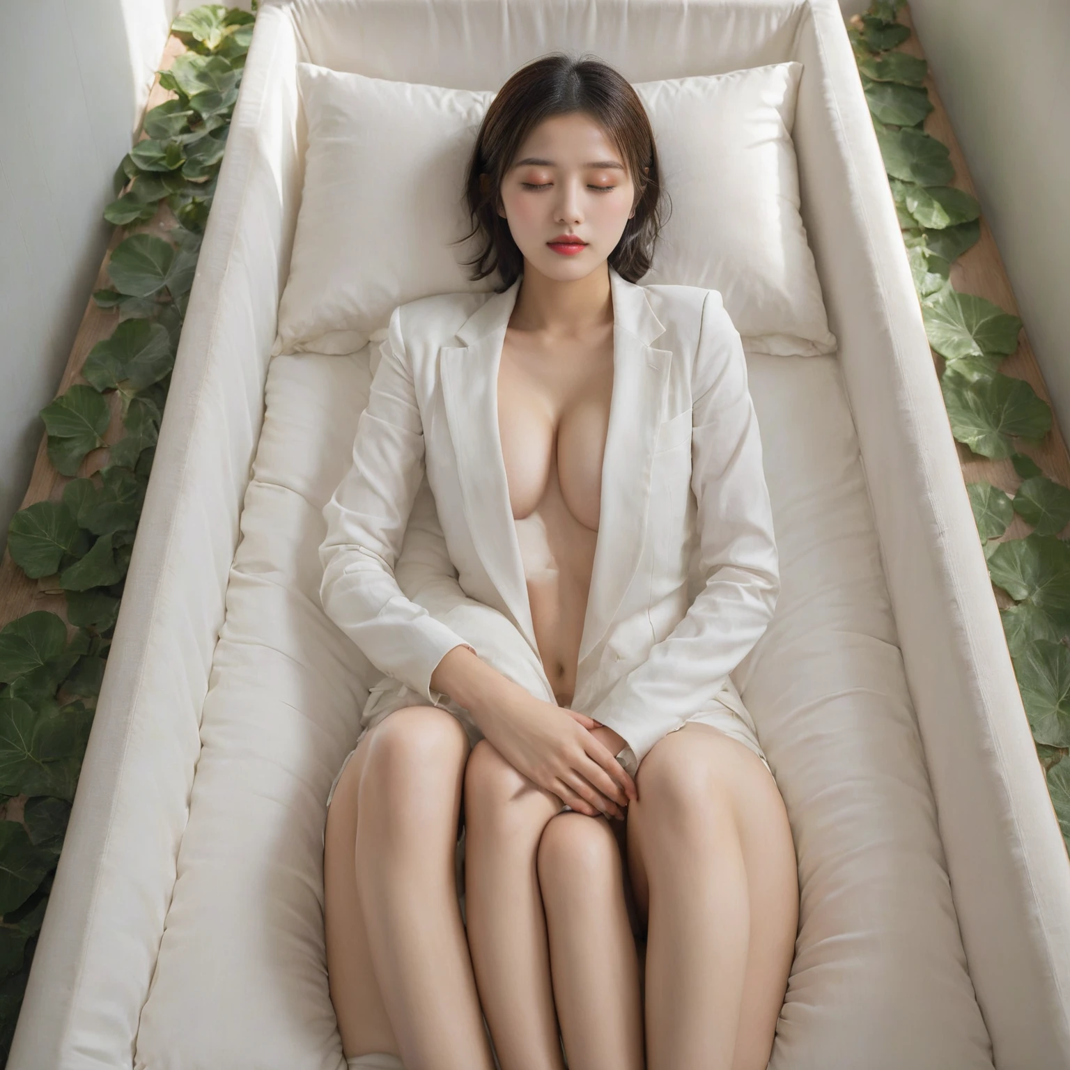 In a deep, white coffin with plush pillows (1.5 meters tall), a serene 22-year-old Korean girl sleeps peacefully. The box's interior is bathed in soft, diffused light against a striking black background. She wears a sleek, sleeveless blazer, no bra and has luscious eyebrows, eyelashes, and a flawless complexion. Her closed eyes and mouth convey tranquility. Render in Ultra High Resolution with Saturated colors, emphasizing the beautiful details of her face and the surrounding environment, round breast, medium breasts.