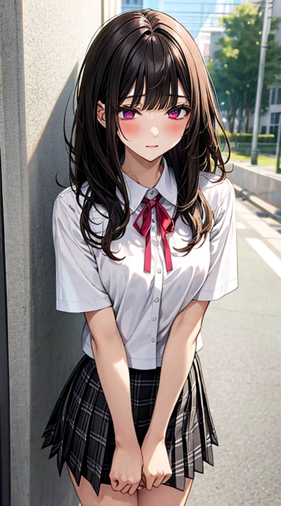 (masterpiece, best quality),
1girl, standing, undressing, hands on chest, cowboy shot,,
BREAK girl, 18yo, (medium breasts:1.1), black hair, (medium hair:1.2), (curly hair:0.9), blunt bangs,
pink eyes, ultra detailed eyes,(tareme:1.1),
half-closed eyes, blush
BREAK (school uniform), (white collared shirt, plain pattern shirt, short sleeves, white sleeves, shirt tucked in:1.2), (red plain pattern neck ribbon, narrow neck ribbon:1.1), (open clothes:1.2),pink bra
BREAK (black and grey plaid pattern skirt:1), (pleated skirt, miniskirt:1.2),
BREAK office,