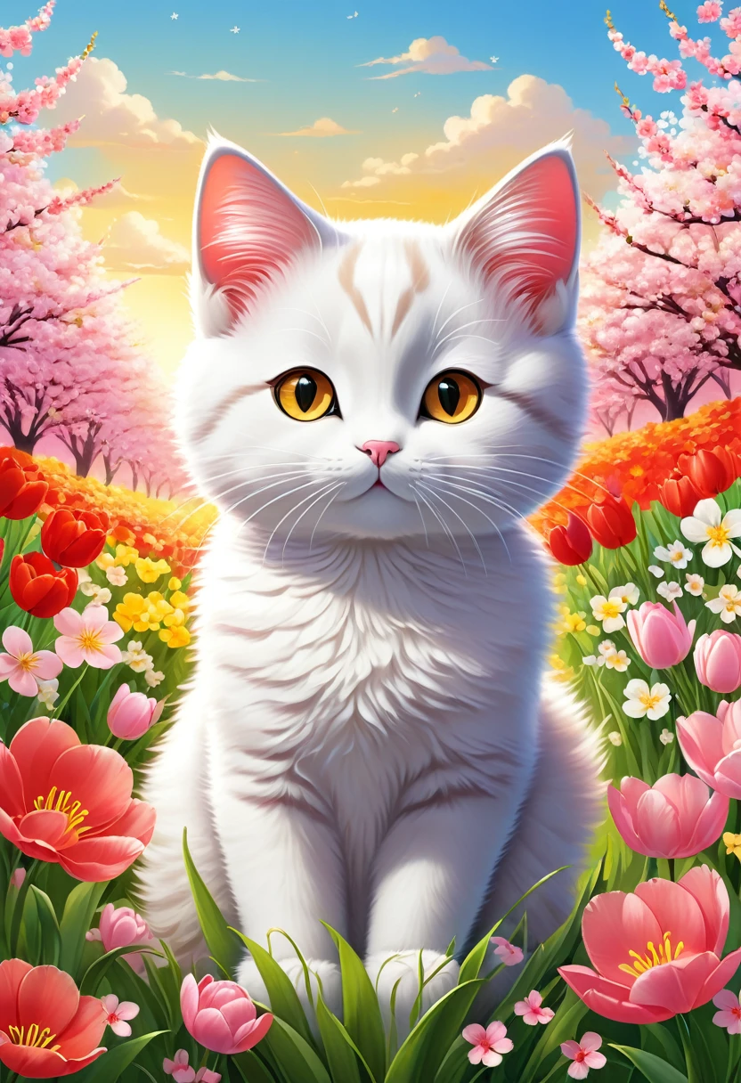 Draw a cat in a spring flower field in the style of Seizo Watase. The cat is relaxing among the flowers, with bright flowers such as cherry blossoms and tulips in the background. Use bright, warm colors overall.
